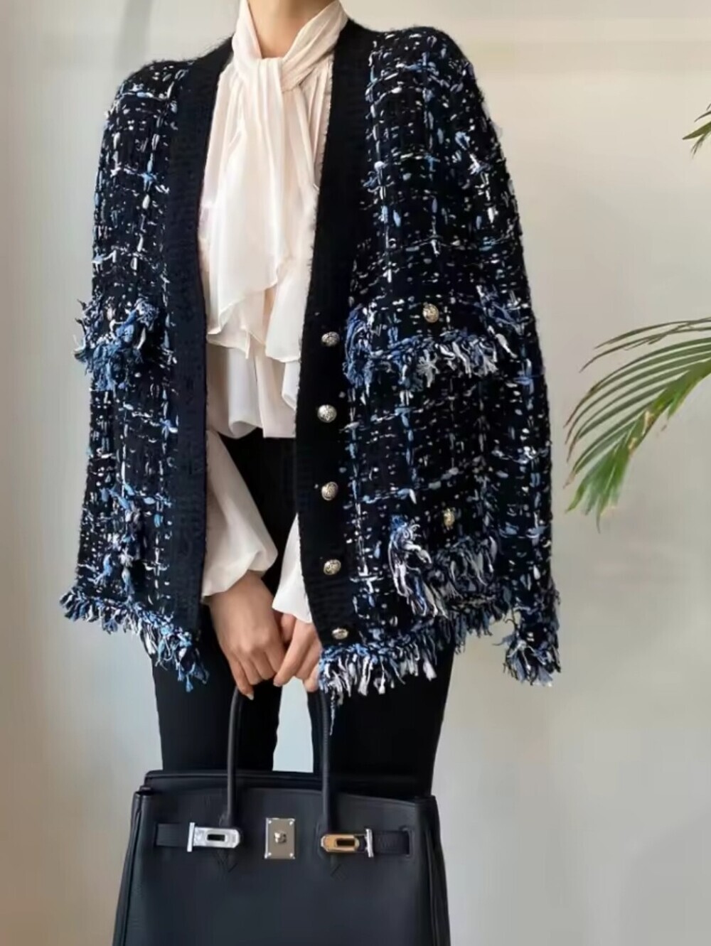 Tweed Fringe Button-Front Women's Cardigan Sweater - Black & Blue
